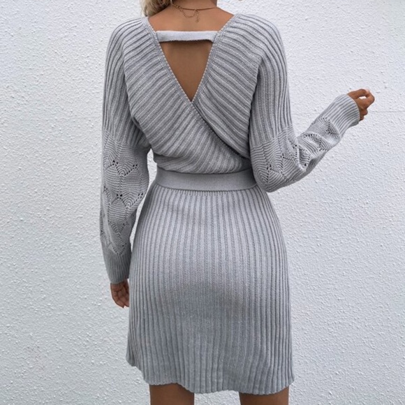 Cozy Burgundy  Cut out Back Belted Sweater Dress Minimalist - Picture 8 of 15